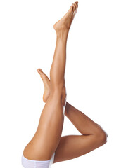 Legs, beauty and transparent with a woman isolated on a PNG background for skincare or hair...