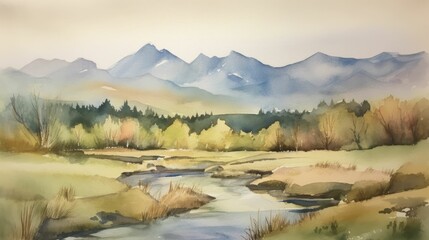 Watercolor painting of mountain range with soft colors