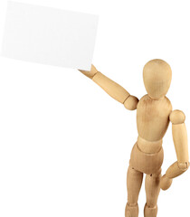 Wooden man figure with blank card isolated on white background