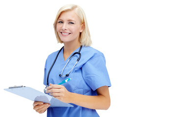 Portrait, clipboard and happy nurse or woman isolated on transparent, png background in healthcare service. Professional, medical person or young doctor with hospital checklist, writing or management