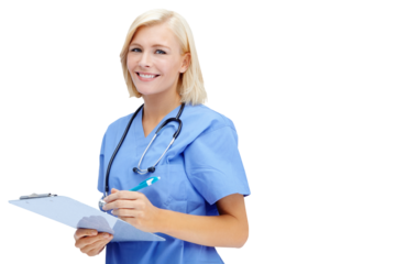 Portrait, clipboard and happy nurse or woman isolated on transparent, png background in healthcare service. Professional, medical person or young doctor with hospital checklist, writing or management
