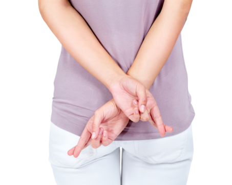 Luck, fingers crossed and hands of woman with hope on png, isolated and transparent background for waiting. Back, hand gesture and girl with sign for miracle, wishing and lucky for winning prize