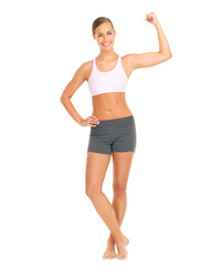 Portrait, muscle flex and woman isolated a transparent, png background for fitness, workout or training goals. Sports, power and strong body builder, model or person with bicep results in exercise