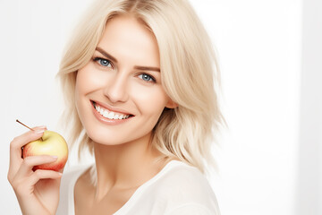 Beautiful blond woman with an apple, copyspace. Generative AI