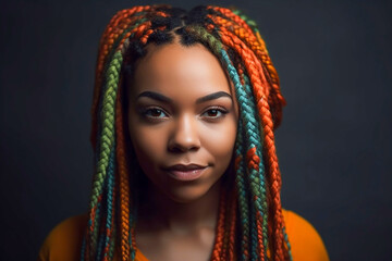 Naklejka na ściany i meble Pretty young afro-american woman with colorful braids in the studio. Generative AI