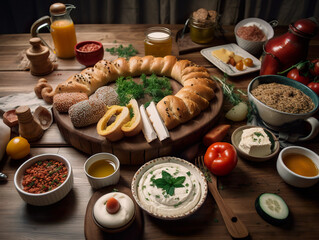 Fototapeta na wymiar A wooden table topped with lots of food. AI generative image