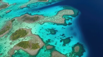 Aerial view of blue lagoons in an exotic island