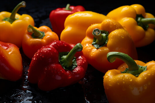 Fresh Bell pappers seamless background, adorned with glistening droplets of water. Healthy food concept. Generative Ai
