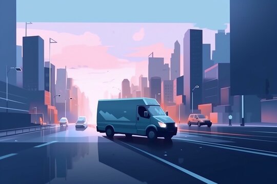 Delivery van cargo on the road. urban landscape in the background. created with Generative AI technology