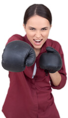 Portrait of young cute woman with black boxing gloves isolated on white background