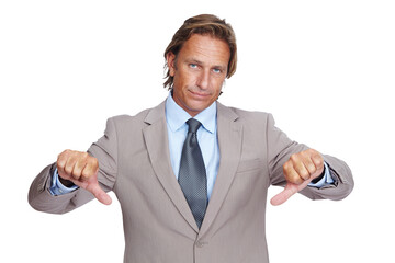 Portrait, sad and business man with thumbs down isolated on a transparent png background. Fail,...