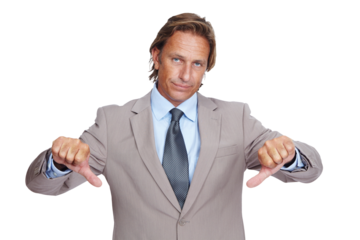Portrait, sad and business man with thumbs down isolated on a transparent png background. Fail, hand gesture and mature person with dislike emoji for wrong, negative opinion or no, vote or rejection.