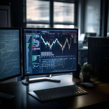 A computer screen and there is a stock market /bitcoin chart on the computer's screen