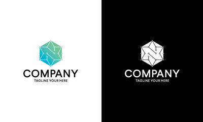 Hexagonal letter N logo, technology logo, connection logo on a black and white background.