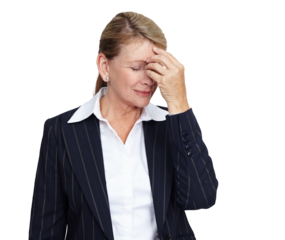 Business, burnout or woman with a headache, stress or exhausted lady isolated on a transparent studio background. Female employee, worker or person with a migraine, anxiety or issue on a png backdrop