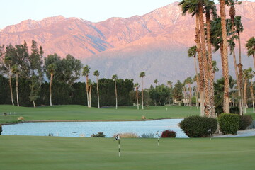 A view of a beautiful scenic landscape on a sunny day, with Palm Trees and huge mountains in the background, where people come to golf, in Palm Springs, California, United States