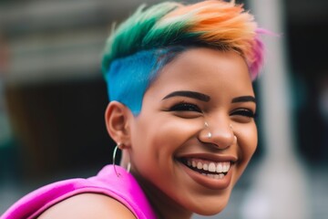 African American LGBTQ black woman smiling with short colored hair, pride month rainbow flag colors, close up face portrait of happy beautiful hispanic cheerful girl with colorful hair, generative AI - obrazy, fototapety, plakaty