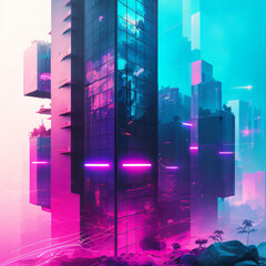 pink and blue neon lights on a futuristic corporation building. neo-noir pink and blue futuristic building. cyberpunk style building , with pink and blue gradient neon lights. Generative Ai	