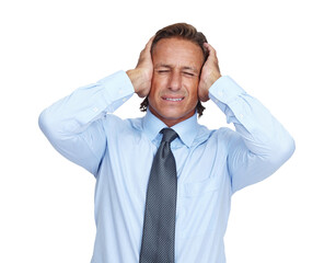 Stress, headache and PNG with a business man isolated on a transparent background suffering from burnout. Mental health, compliance and anxiety with a mature male employee holding his head in pain