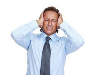 Stress, headache and PNG with a business man isolated on a transparent background suffering from burnout. Mental health, compliance and anxiety with a mature male employee holding his head in pain