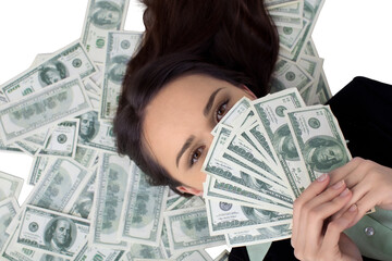 Lying Businesswoman Holding Money - Isolated