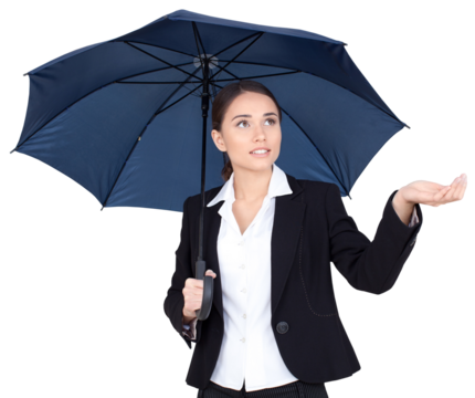 Portrait of young cute business woman with umbrella isolated on white background