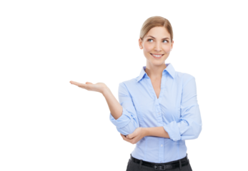 Happy, choice and business woman with hand and vision for presentation, solution or offer. Professional female thinking and marketing product, logo or brand and isolated on transparent png background