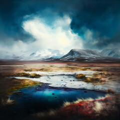 Naklejka premium frozen crystalline lake surrounded by snowy mountains Generative Ai