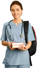 Obraz premium Female healthcare worker wearing scrubs and carrying textbooks and a backpack