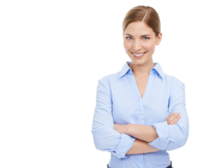 Portrait, confident and arms crossed with a woman employee isolated on a transparent background. Mindset, vision or professional and an attractive young business female standing on PNG with a mission