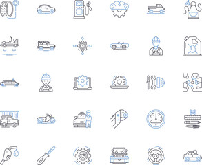 Automobile repair line icons collection. Diagnosis, Engine, Transmission, Suspension, Brakes, Alignment, Exhaust vector and linear illustration. Battery,Alternator,Starter outline signs set