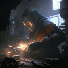 welder at work working with metal and wearing a mask Generative Ai