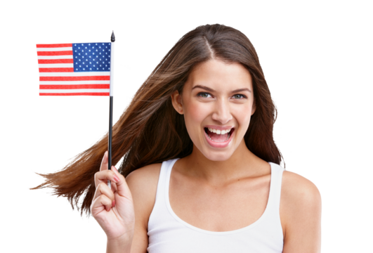 Portrait, smile and woman with an American flag, excited and lady isolated against a transparent background. Face, female person and happy model with happiness, symbol for USA and patriotic with png