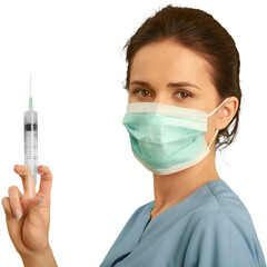 Female healthcare worker wearing a face mask and scrubs while holding an injection