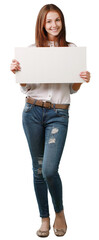 Happy young woman holding a signboard