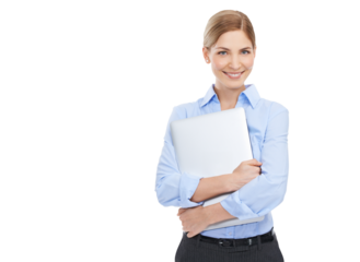 Laptop, happy and portrait of business woman with smile on isolated, transparent and png background. Technology, advertising and happy female with computer for website, social media and communication