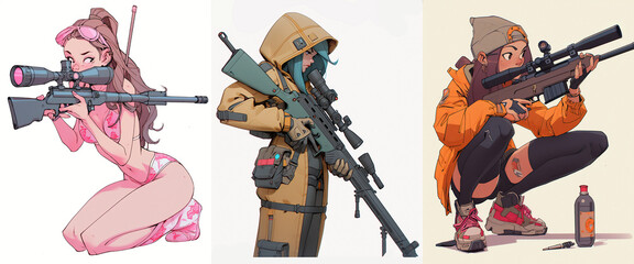 Portrait of anime girls with sniper rifle. Military character design. White background, collection