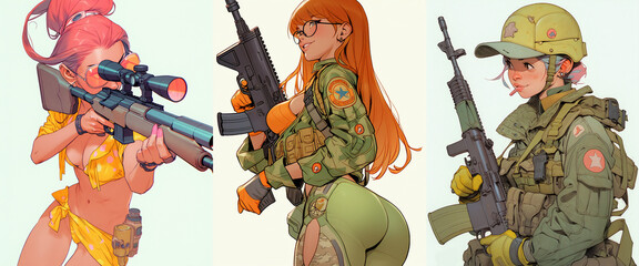 Portrait of anime girls with sniper rifle. Military character design. White background, collection