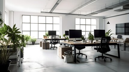 Fototapeta na wymiar Modern open space office interior, office with plants - Generative AI