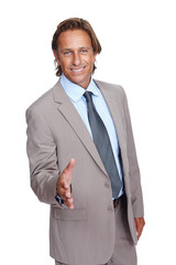 Portrait, welcome and business man with handshake for opportunity or deal isolated on transparent...