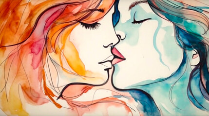 Watercolor painting of a beautiful lesbian couple romantic kiss. art illustration with a white background.