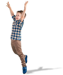 Children's fashion. Beautiful boy jumping - obrazy, fototapety, plakaty