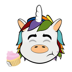 vector illustration face of unicorn cartoon eating a cupcake or muffin