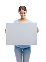 Woman, looking and smile with board for mockup isolated on a transparent png background. Poster, copy space and happy person with branding for commercial, promotion or advertising and marketing.