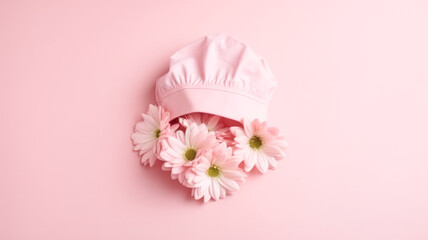 Cute bouquet of flowers, medical cap hat, pink background. Festive composition for Doctor's Nurse's Day, template for postcard