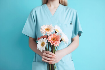Woman doctor nurse holding a bouquet of flowers on a light blue background, copy space. AI generated, illustration