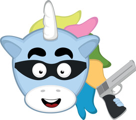 vector illustration face of a unicorn thief cartoon with a mask and a gun in his hand