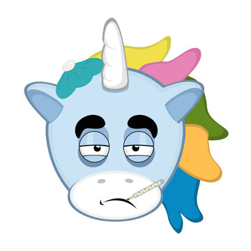 vector illustration cartoon character face of a sick unicorn cartoon, with a thermometer in his mouth and a bag of water on his head