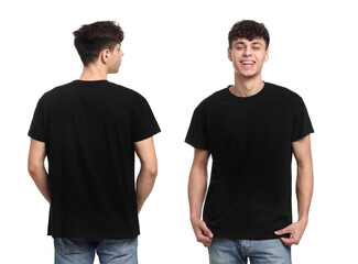 Collage with photos of man in black t-shirt on white background, back and front views. Mockup for design