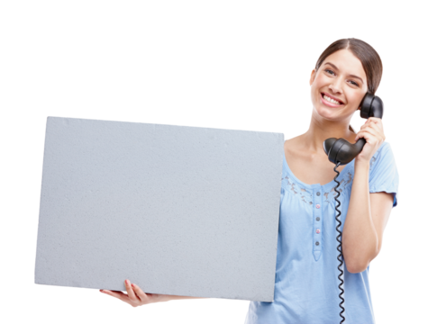 Telephone, blank sign and portrait of a woman with billboard for advertisement with smile. Happy female model with poster or placard for sales or advertising isolated on a transparent PNG background